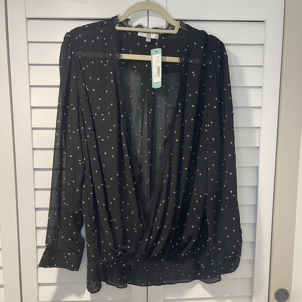 Q&A Women's Moria Embroidery Detail Blouse Black XXL NWT‎ Draped Long Sleeve